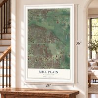 Mill Plain, Washington map, 24 x 36 inch print in a white frame by a staircase