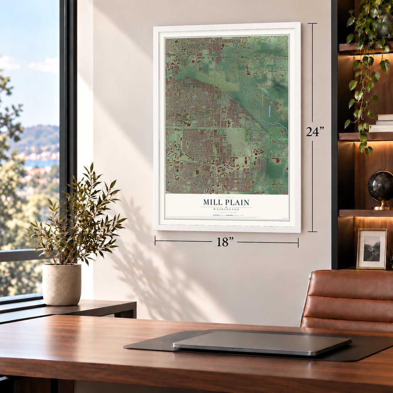 Mill Plain, Washington map, 18 x 24 inch print in a white frame in a home office