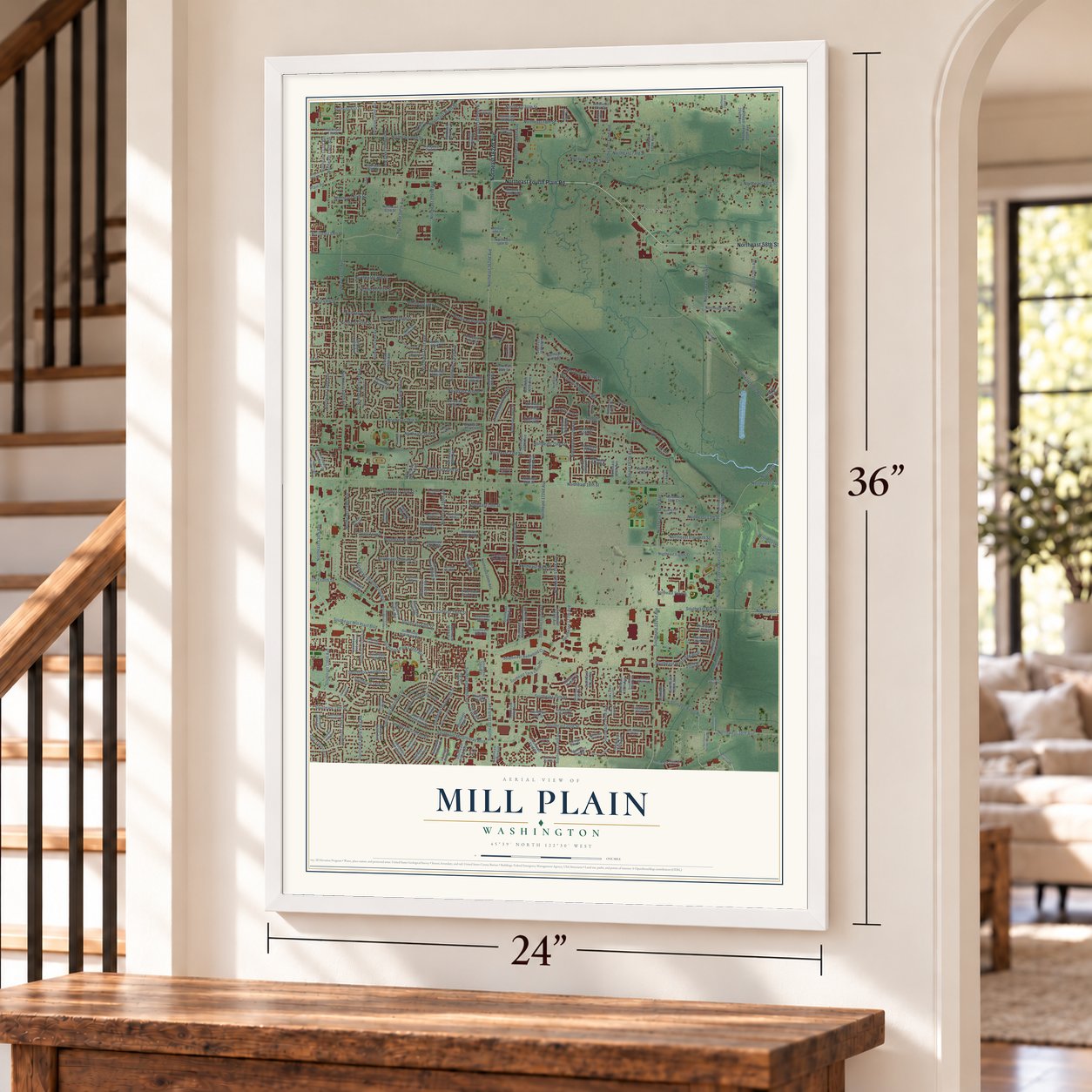 Mill Plain, Washington map, 24 x 36 inch print in a white frame by a staircase