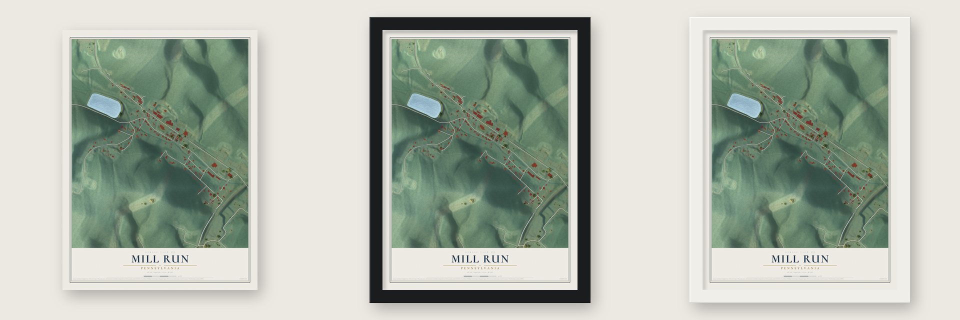 Mill Run, Pennsylvania map unframed, in a black wood frame and in a white wood frame