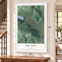 Mill Run, Pennsylvania map, 24 x 36 inch print in a white frame by a staircase