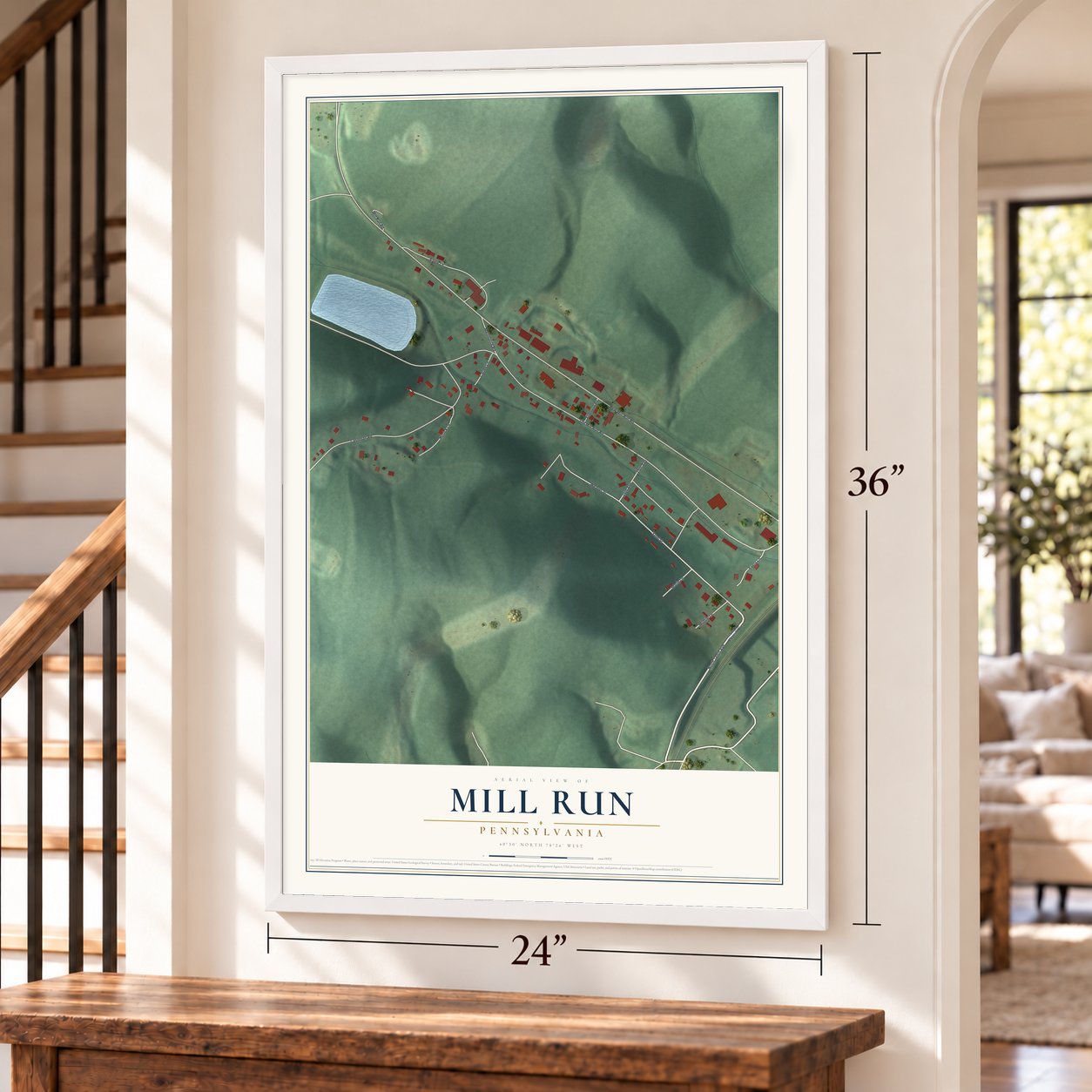 Mill Run, Pennsylvania map, 24 x 36 inch print in a white frame by a staircase