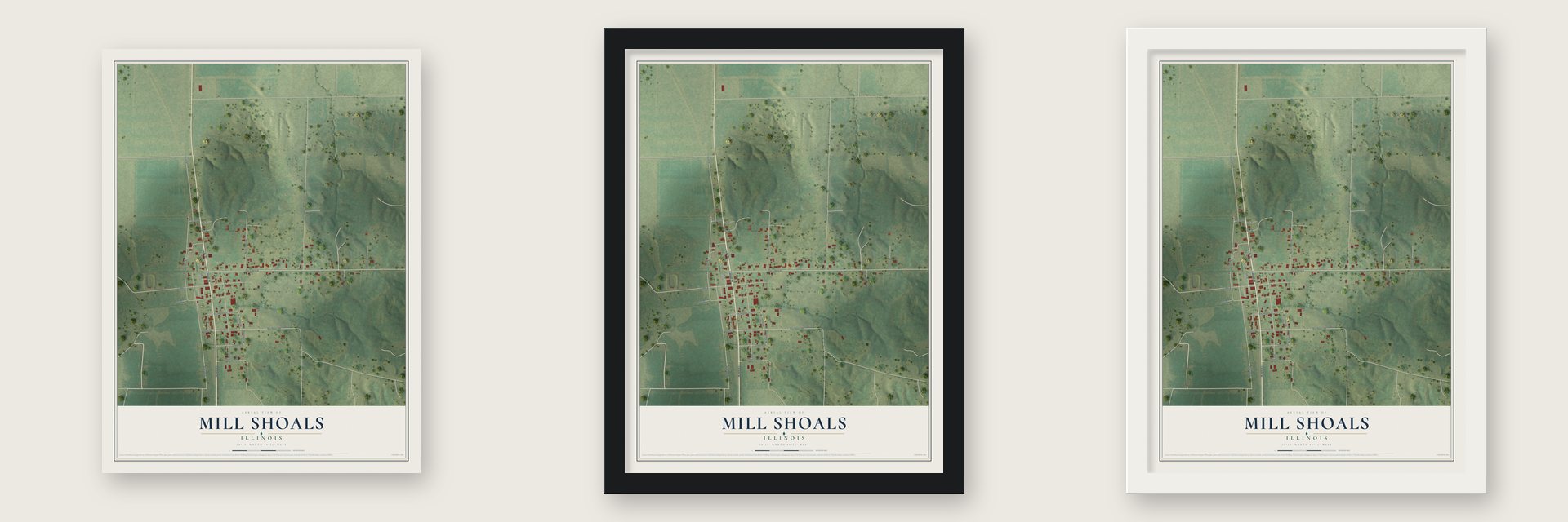 Mill Shoals, Illinois map unframed, in a black wood frame and in a white wood frame