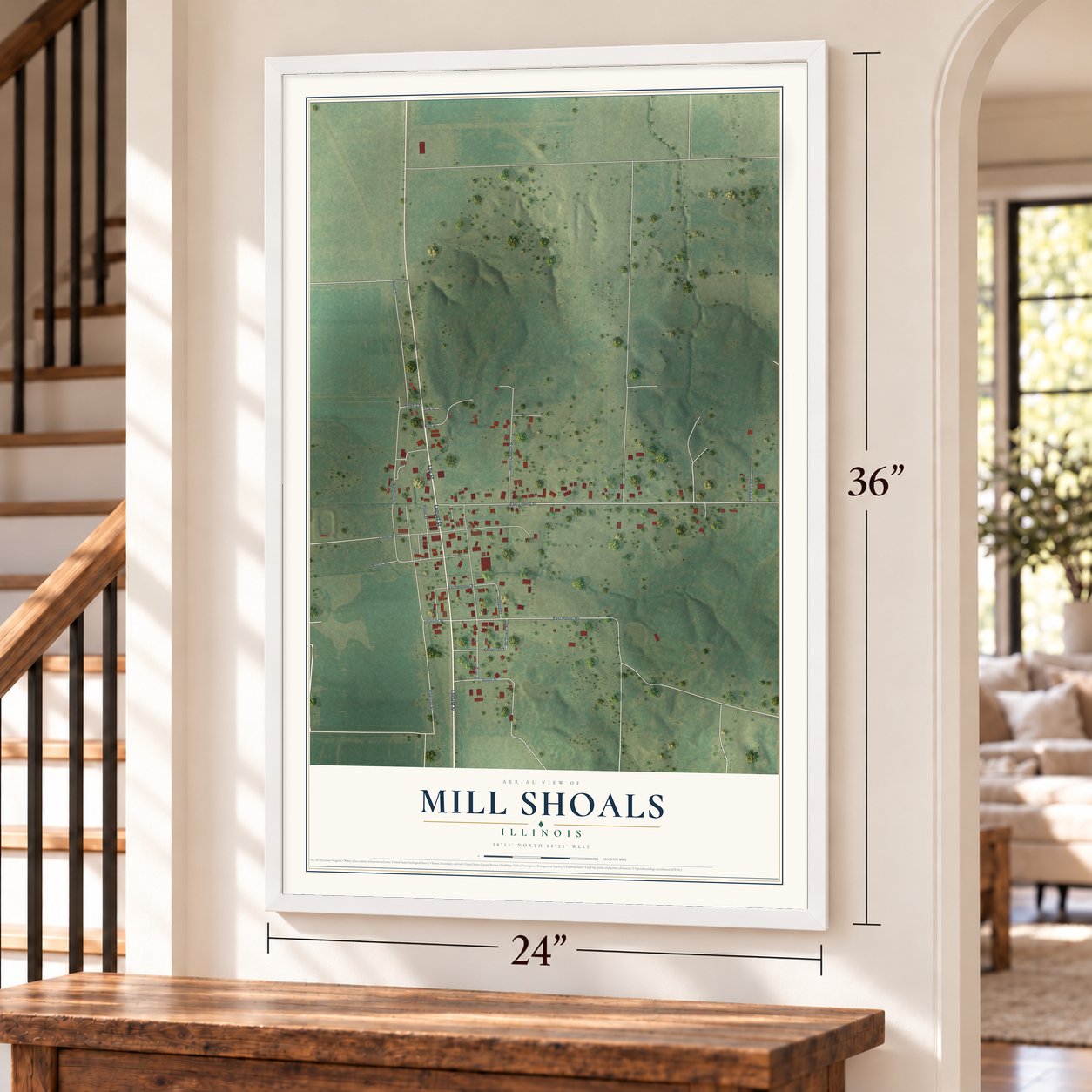 Mill Shoals, Illinois map, 24 x 36 inch print in a white frame by a staircase