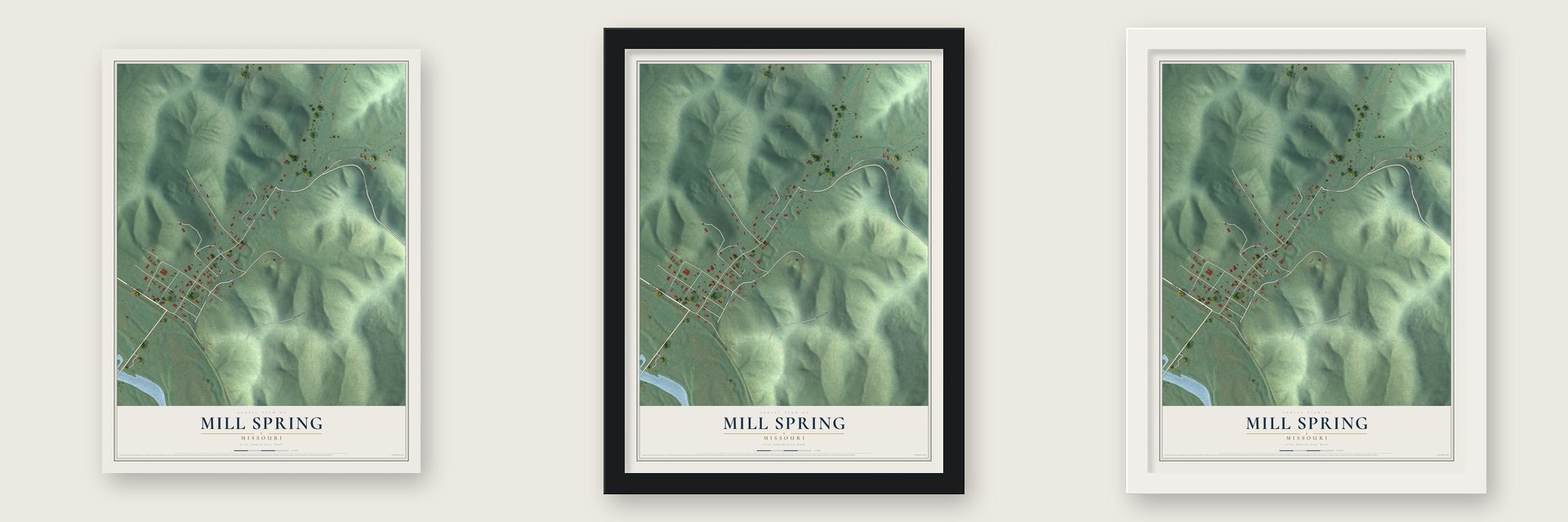 Mill Spring, Missouri map unframed, in a black wood frame and in a white wood frame