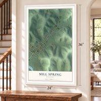 Mill Spring, Missouri map, 24 x 36 inch print in a white frame by a staircase