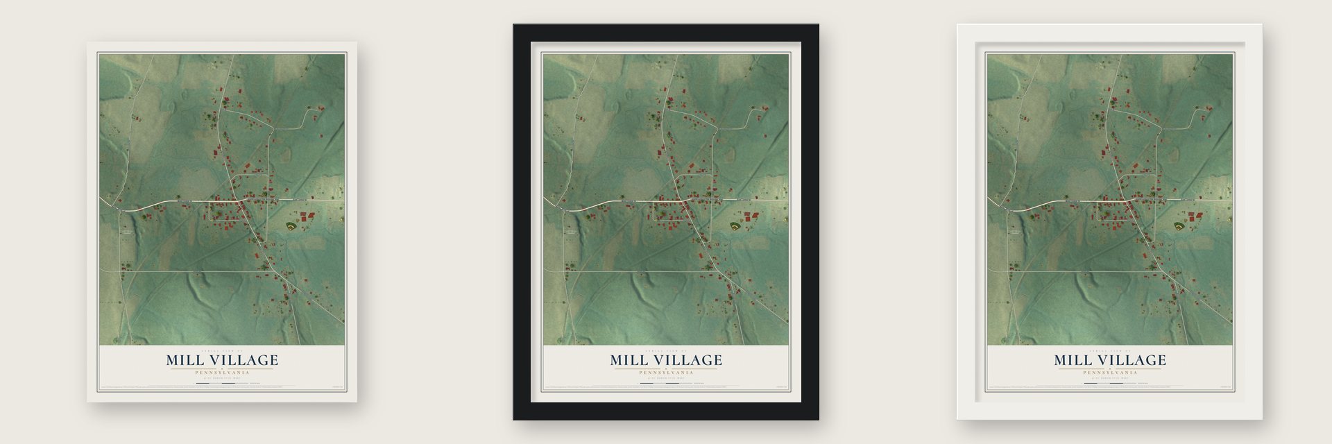 Mill Village, Pennsylvania map unframed, in a black wood frame and in a white wood frame