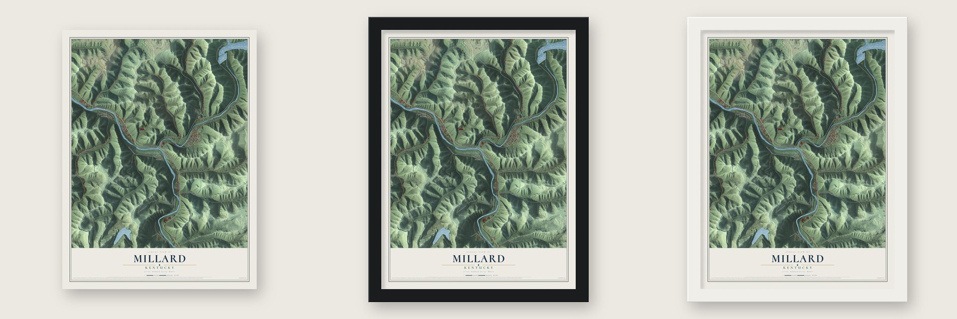 Millard, Kentucky map unframed, in a black wood frame and in a white wood frame