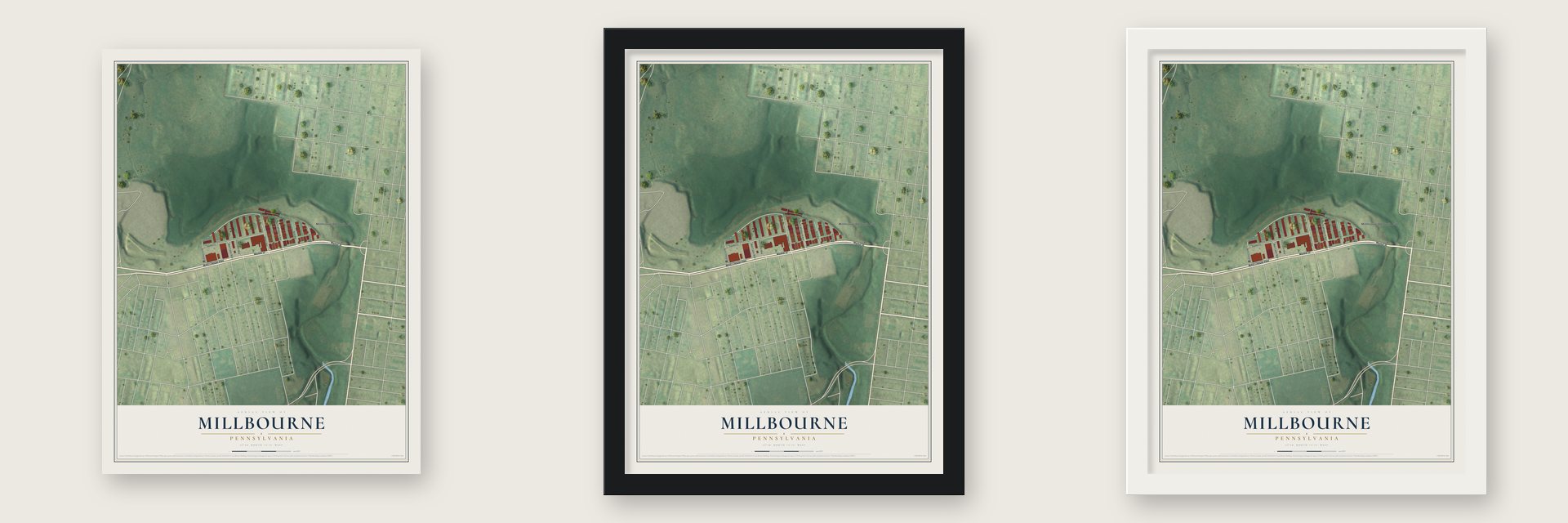 Millbourne, Pennsylvania map unframed, in a black wood frame and in a white wood frame