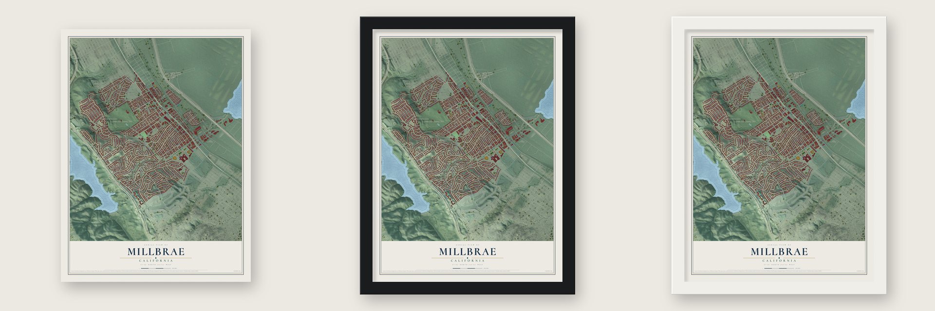 Millbrae, California map unframed, in a black wood frame and in a white wood frame
