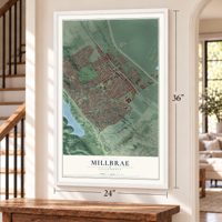 Millbrae, California map, 24 x 36 inch print in a white frame by a staircase