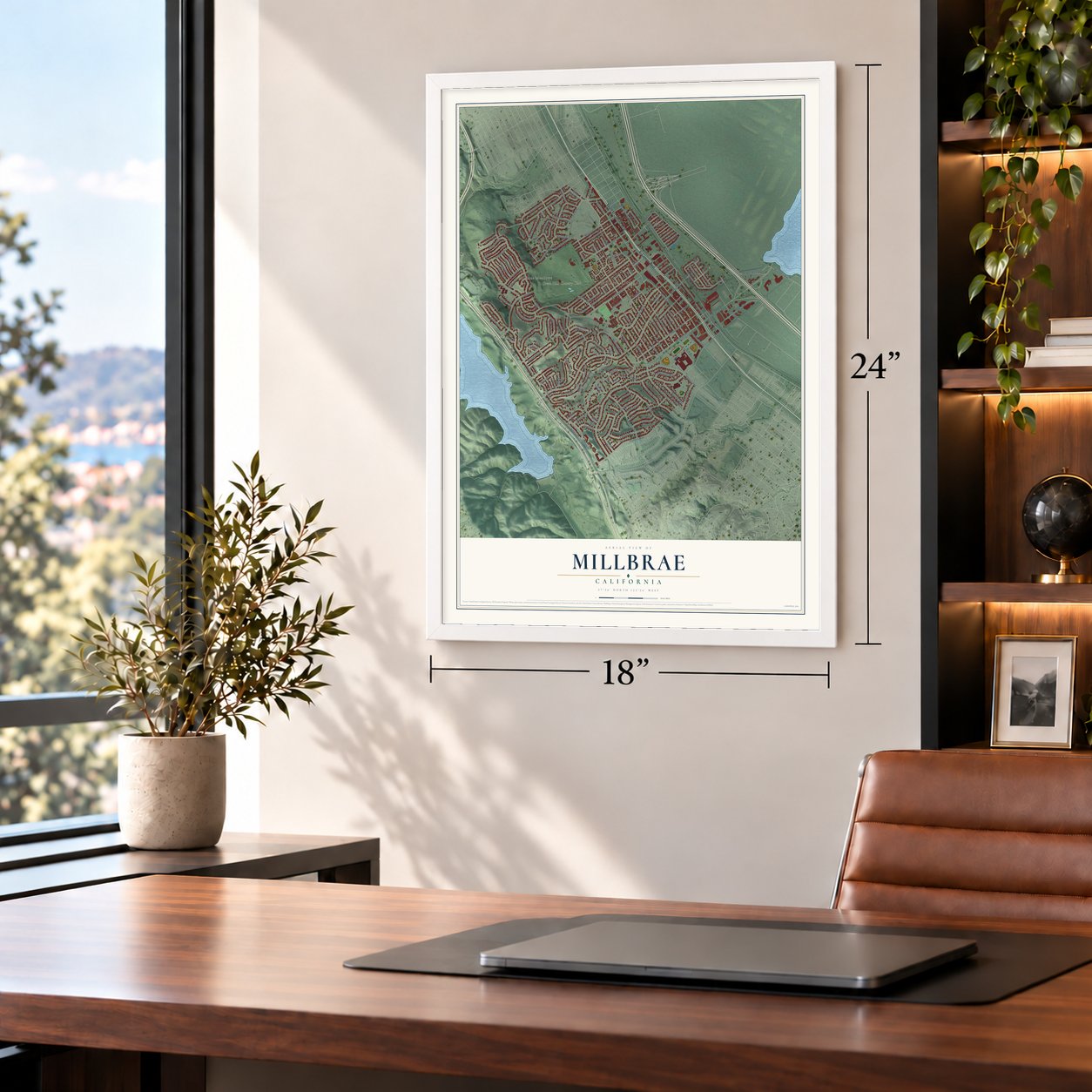 Millbrae, California map, 18 x 24 inch print in a white frame in a home office