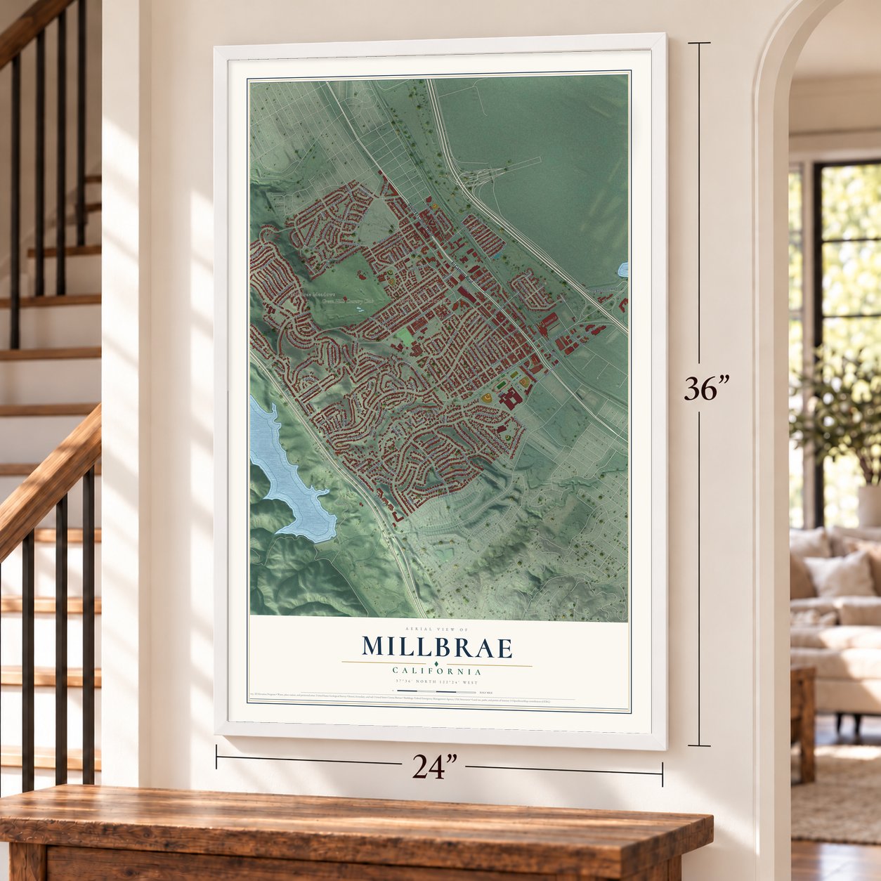 Millbrae, California map, 24 x 36 inch print in a white frame by a staircase