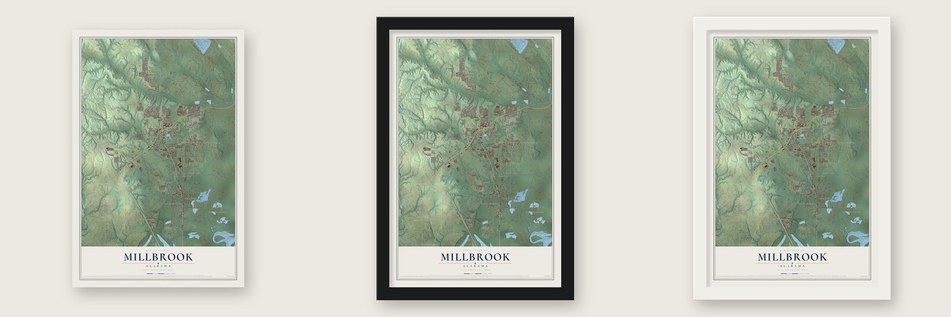 Millbrook, Alabama map unframed, in a black wood frame and in a white wood frame