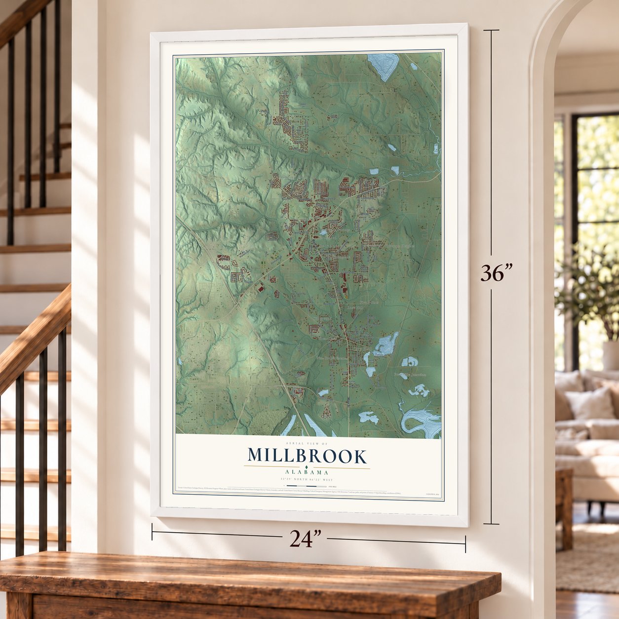 Millbrook, Alabama map, 24 x 36 inch print in a white frame by a staircase