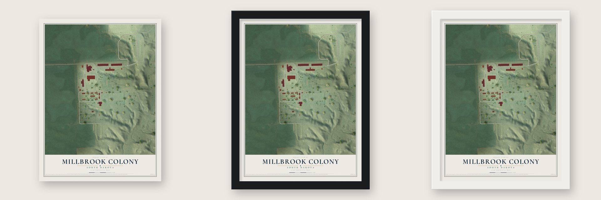 Millbrook Colony, South Dakota map unframed, in a black wood frame and in a white wood frame