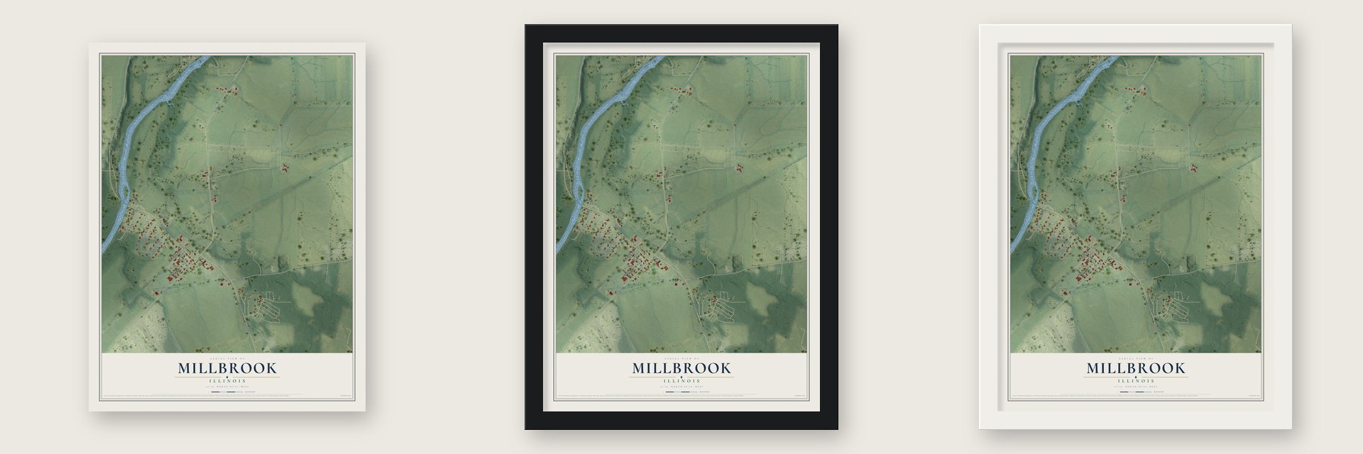Millbrook, Illinois map unframed, in a black wood frame and in a white wood frame