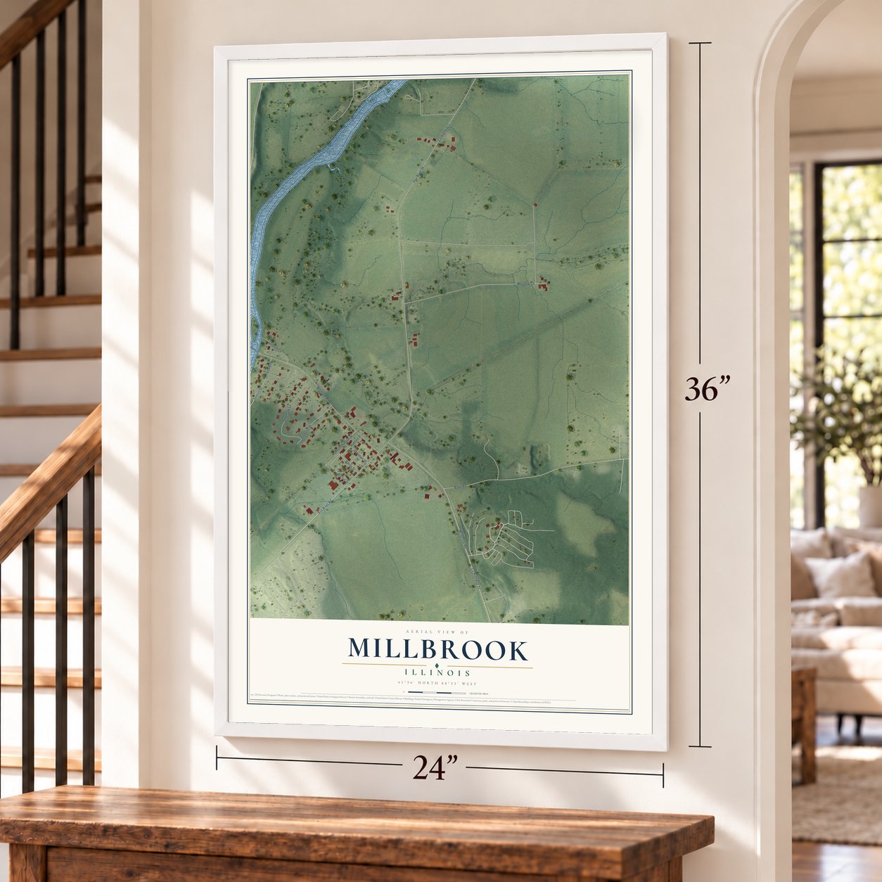 Millbrook, Illinois map, 24 x 36 inch print in a white frame by a staircase