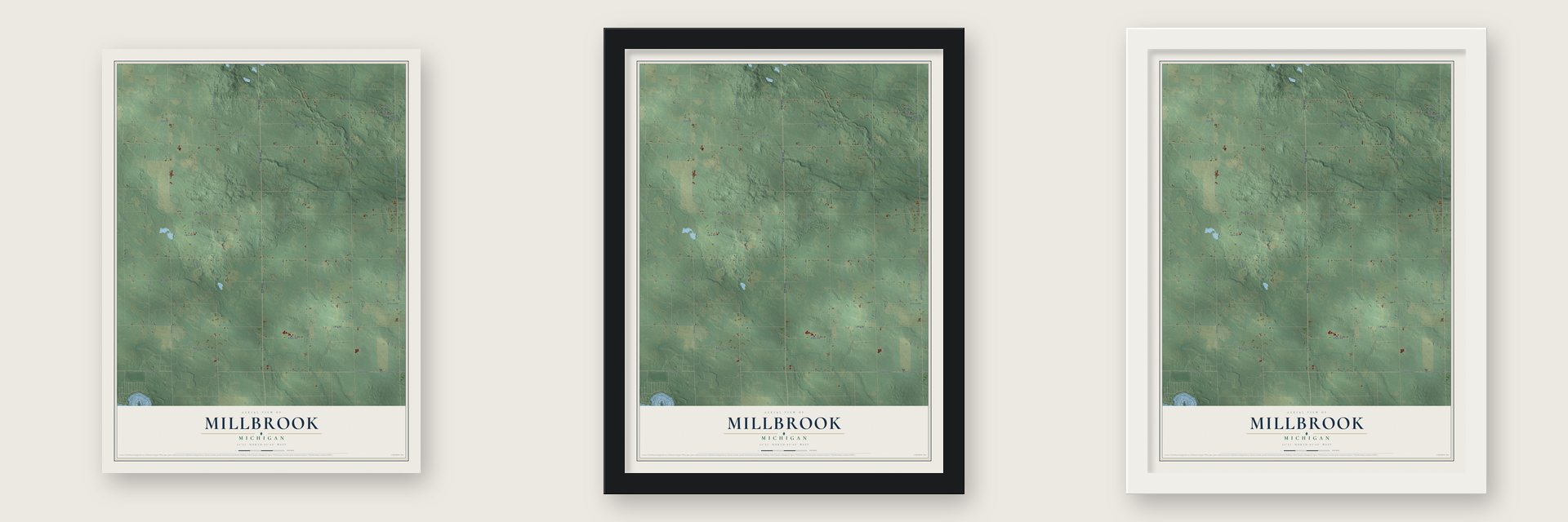 Millbrook, Michigan map unframed, in a black wood frame and in a white wood frame