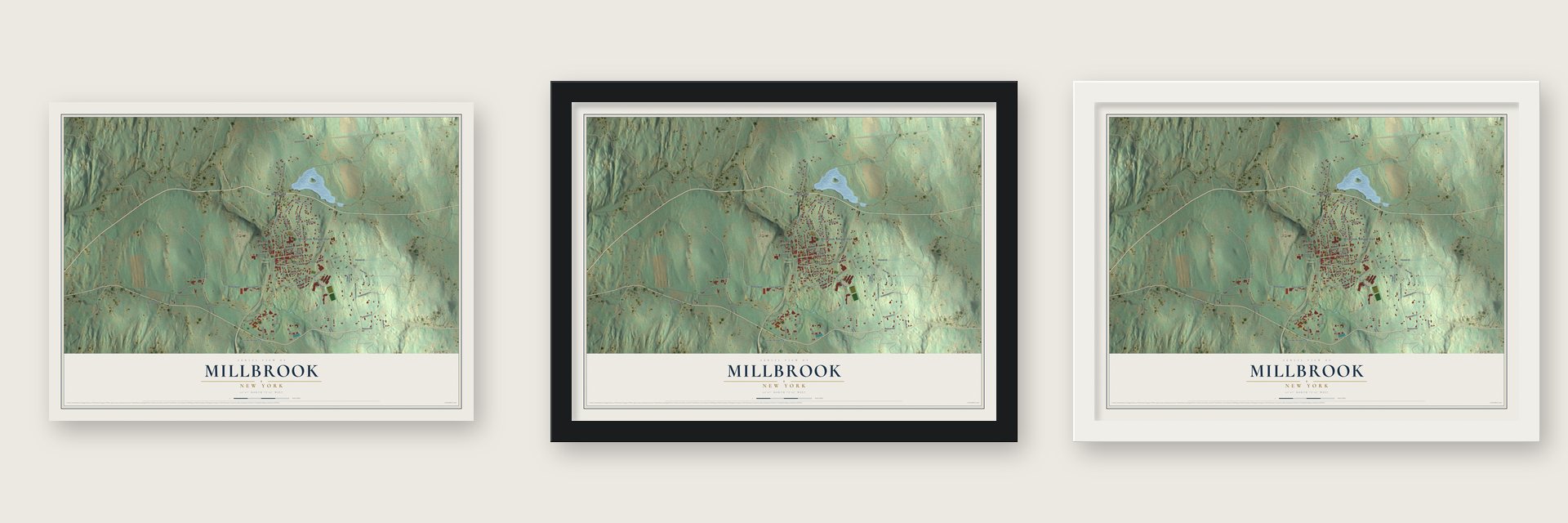 Millbrook, New York map unframed, in a black wood frame and in a white wood frame