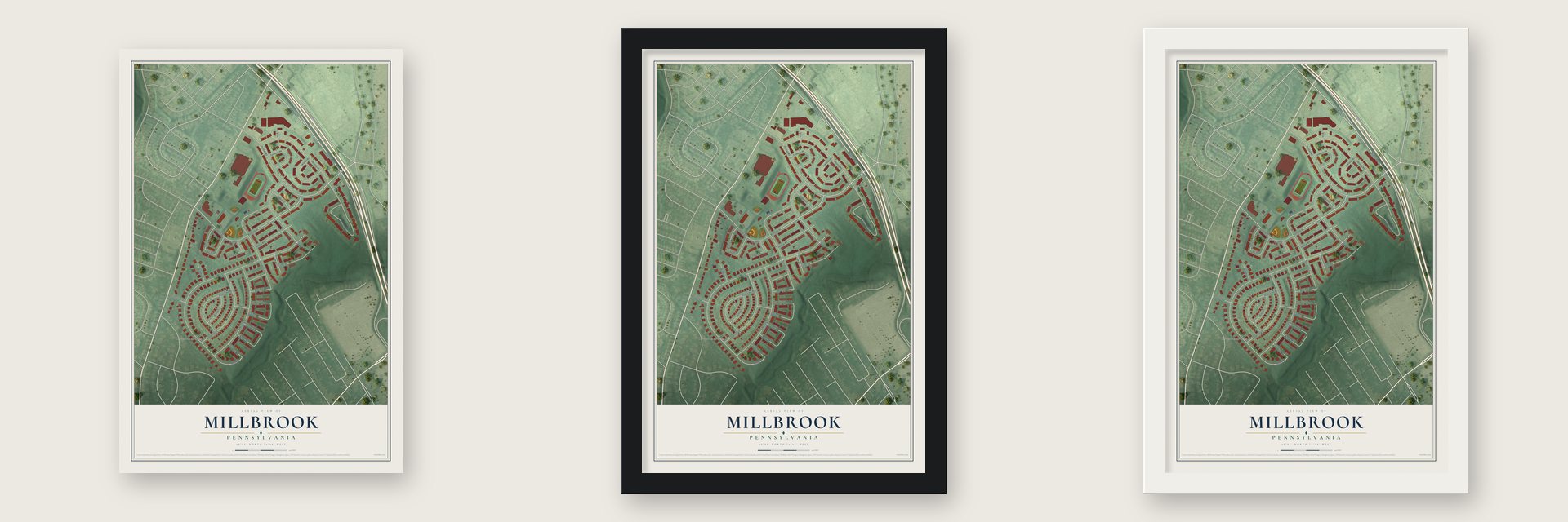 Millbrook, Pennsylvania map unframed, in a black wood frame and in a white wood frame