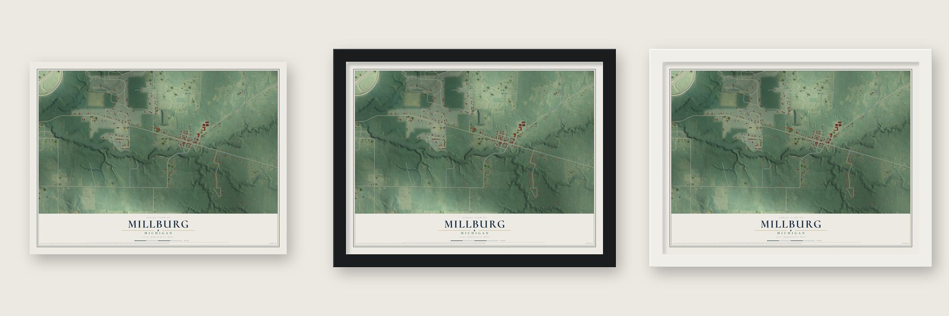 Millburg, Michigan map unframed, in a black wood frame and in a white wood frame