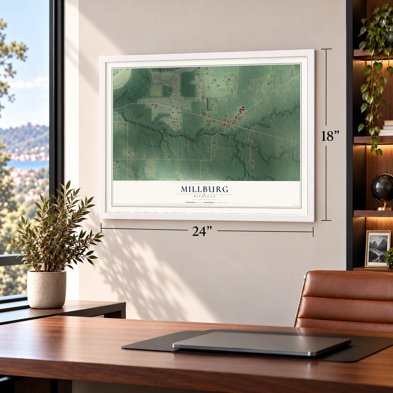 Millburg, Michigan map, 18 x 24 inch print in a white frame in a home office