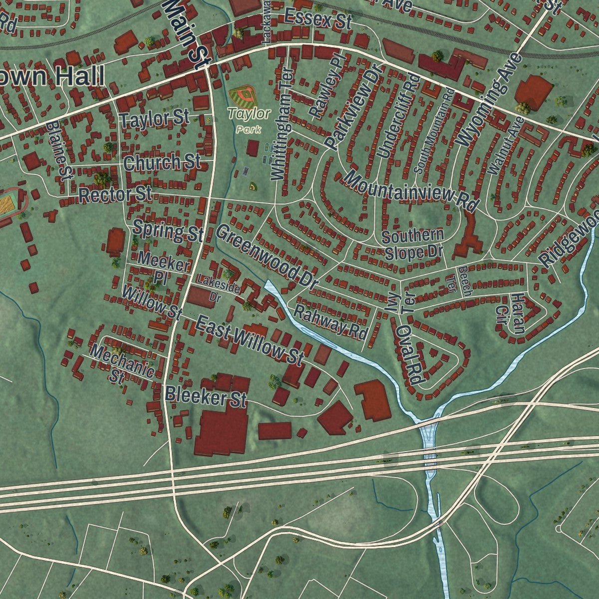 Second close-up of the map of Millburn, New Jersey print showing more streets and buildings