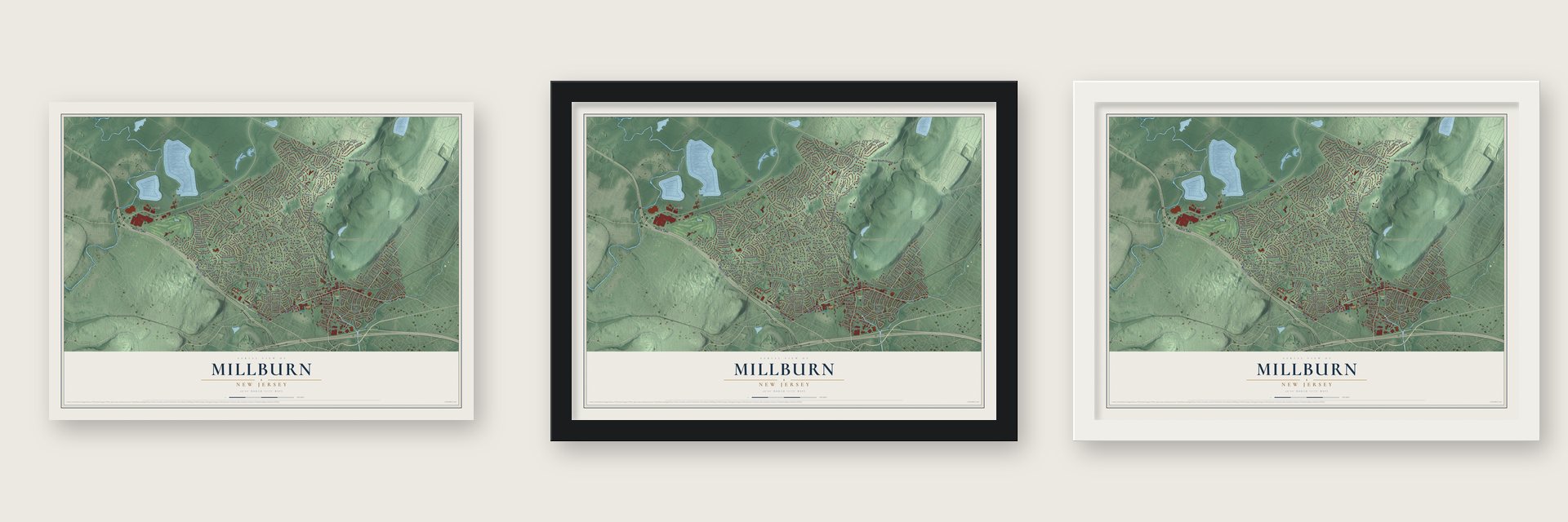 Millburn, New Jersey map unframed, in a black wood frame and in a white wood frame