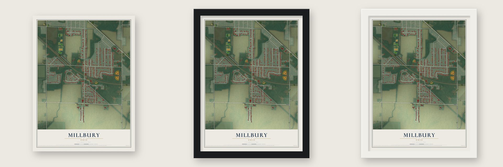 Millbury, Ohio map unframed, in a black wood frame and in a white wood frame