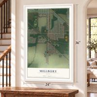 Millbury, Ohio map, 24 x 36 inch print in a white frame by a staircase