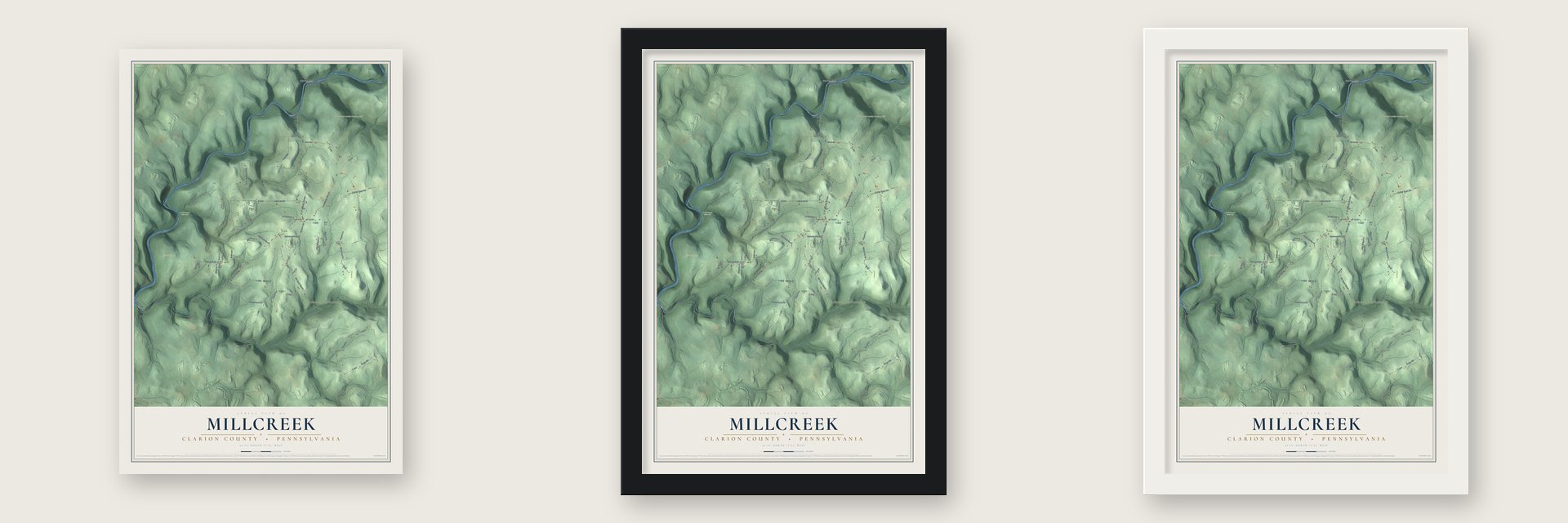 Millcreek, Clarion County, Pennsylvania map unframed, in a black wood frame and in a white wood frame