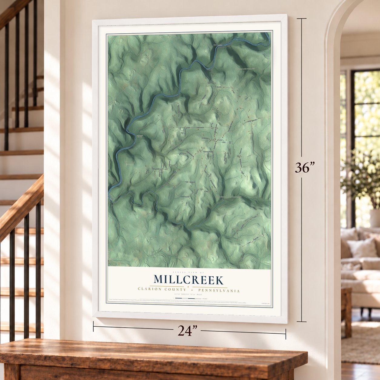 Millcreek, Clarion County, Pennsylvania map, 24 x 36 inch print in a white frame by a staircase