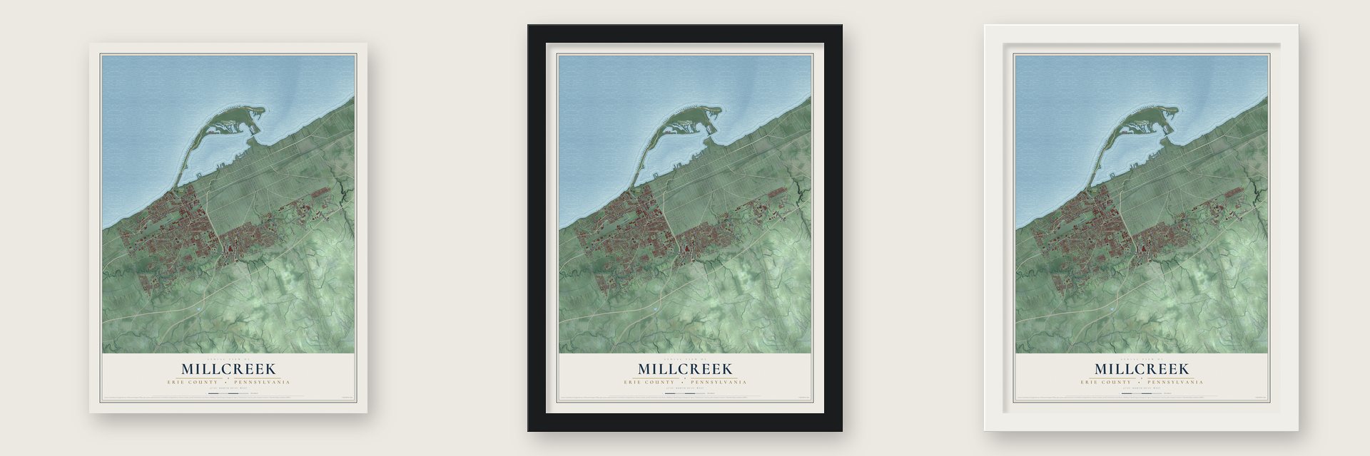 Millcreek, Erie County, Pennsylvania map unframed, in a black wood frame and in a white wood frame