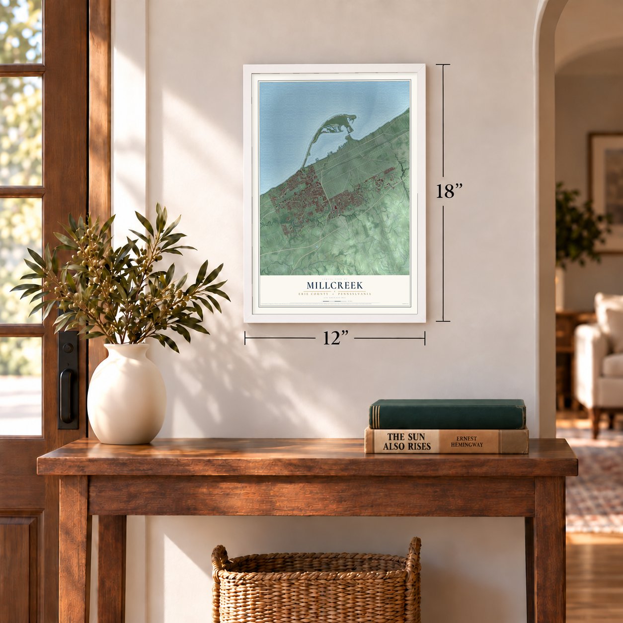 Millcreek, Erie County, Pennsylvania map, 12 x 18 inch print in a white frame in an entryway