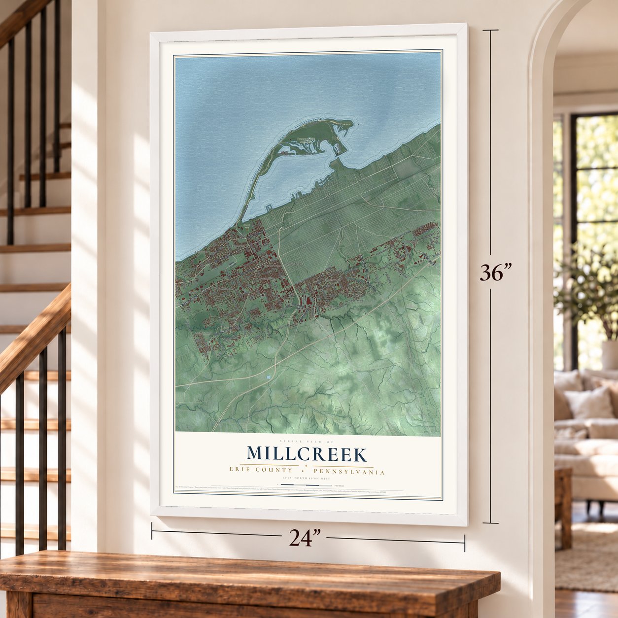 Millcreek, Erie County, Pennsylvania map, 24 x 36 inch print in a white frame by a staircase