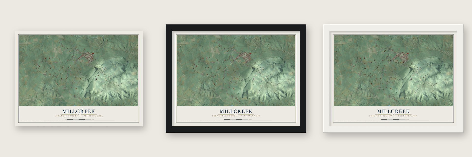 Millcreek, Lebanon County, Pennsylvania map unframed, in a black wood frame and in a white wood frame