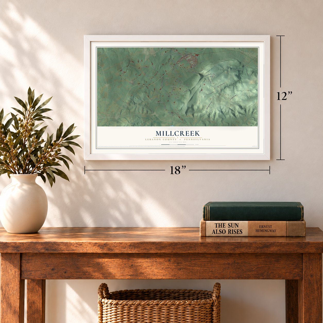 Millcreek, Lebanon County, Pennsylvania map, 12 x 18 inch print in a white frame in an entryway