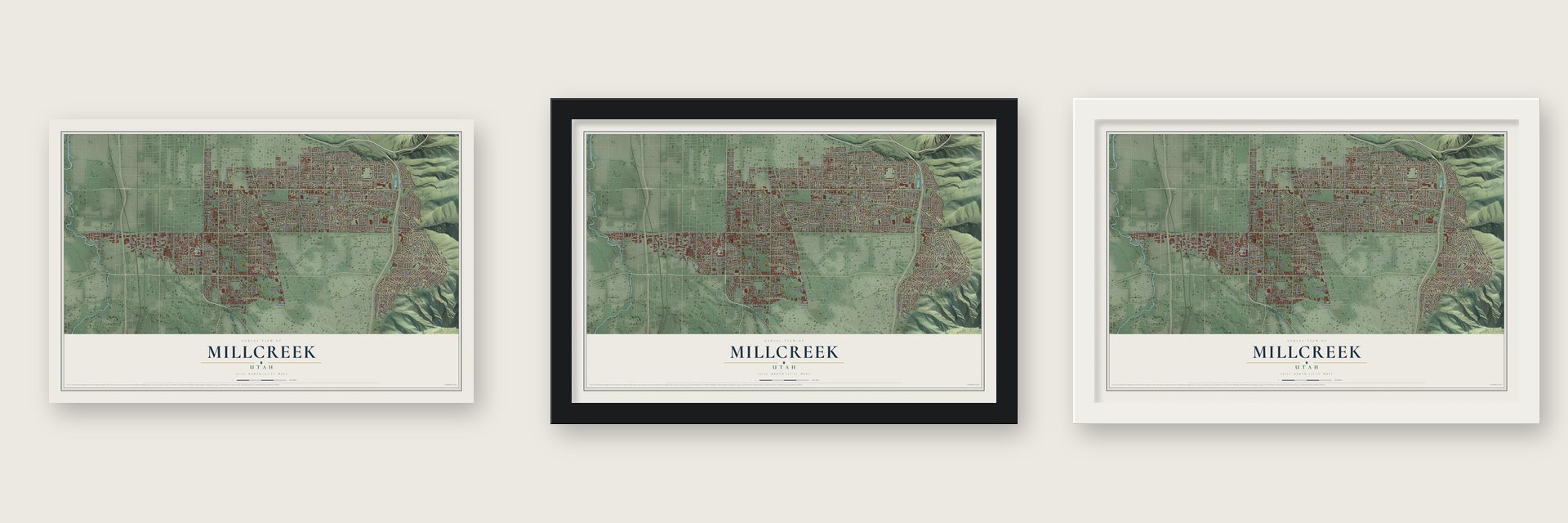 Millcreek, Utah map unframed, in a black wood frame and in a white wood frame