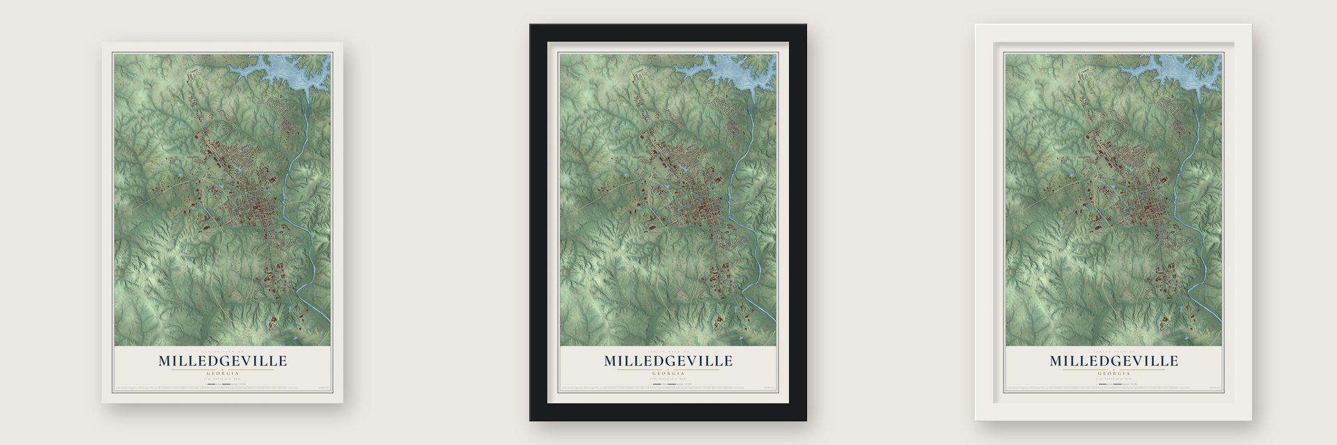 Milledgeville, Georgia map unframed, in a black wood frame and in a white wood frame