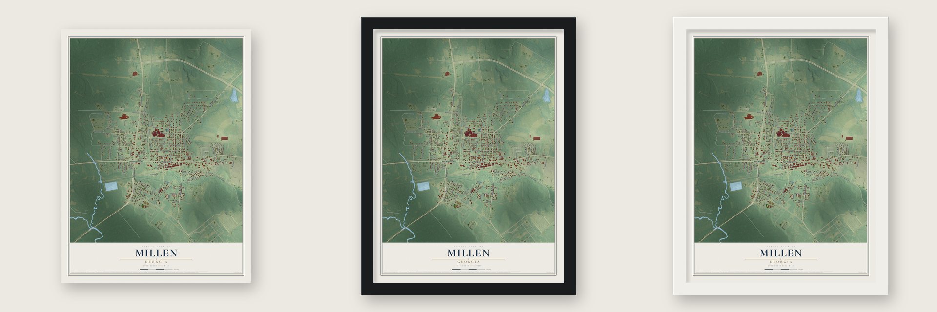 Millen, Georgia map unframed, in a black wood frame and in a white wood frame