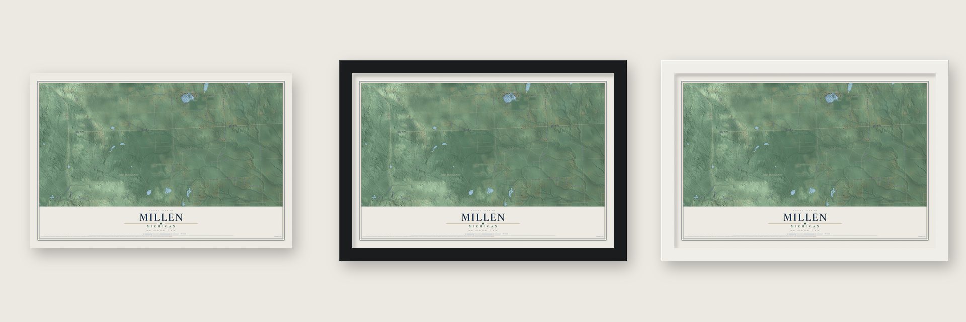 Millen, Michigan map unframed, in a black wood frame and in a white wood frame