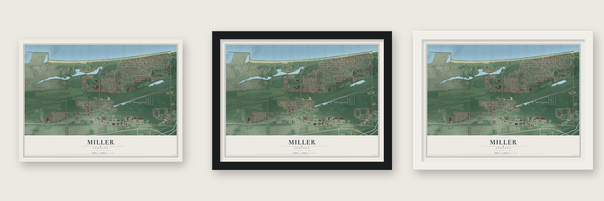 Miller, Indiana map unframed, in a black wood frame and in a white wood frame