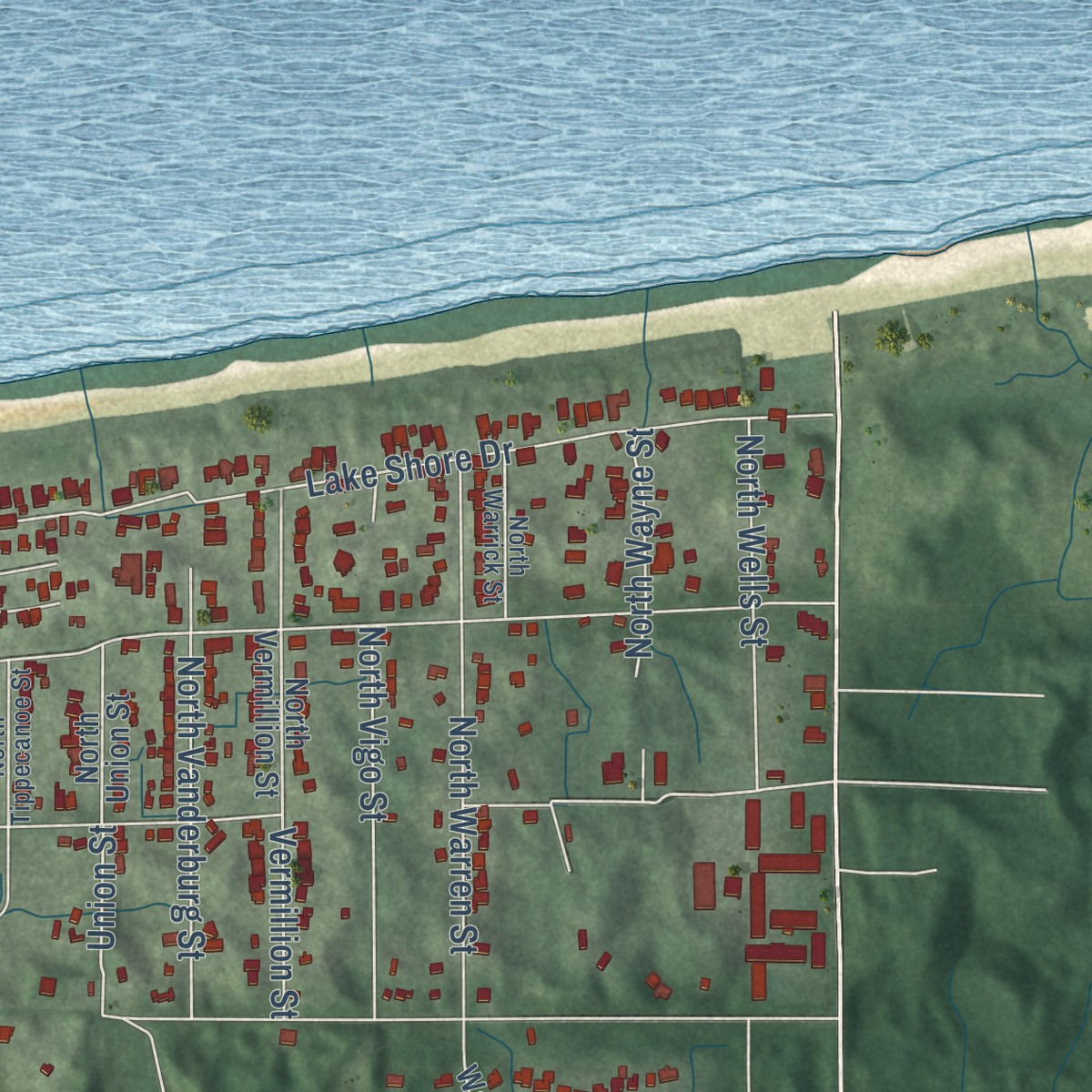 Second close-up of the map of Miller, Indiana print showing more streets and buildings