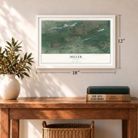 Miller, Indiana map, 12 x 18 inch print in a white frame in an entryway