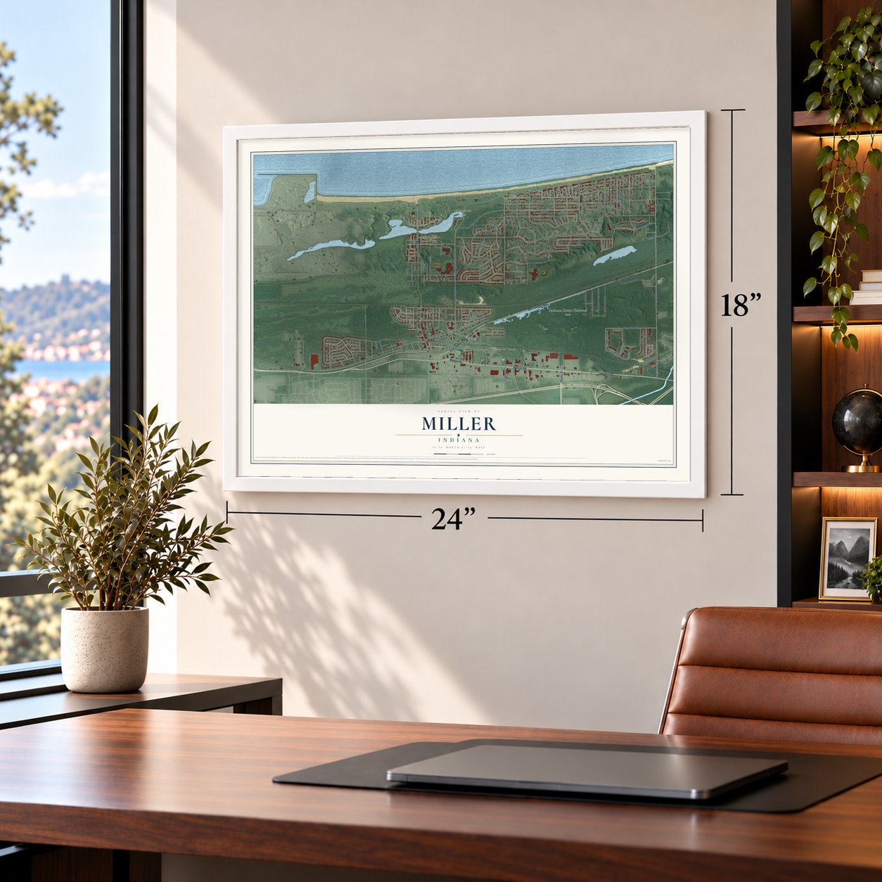 Miller, Indiana map, 18 x 24 inch print in a white frame in a home office