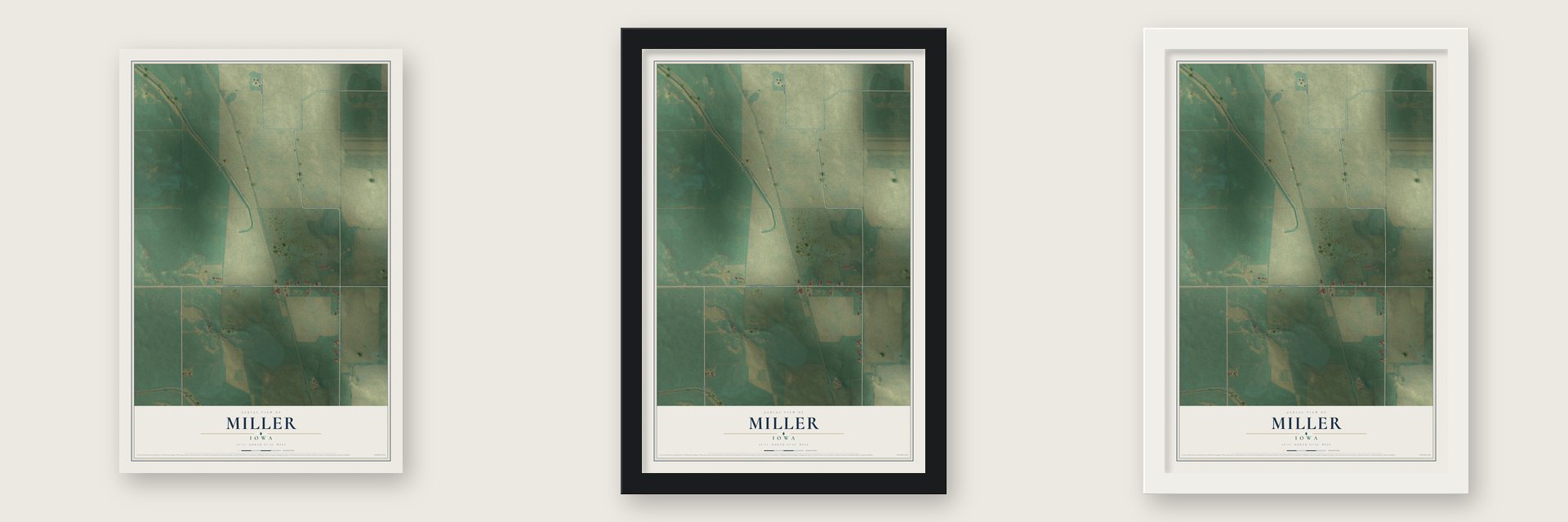 Miller, Iowa map unframed, in a black wood frame and in a white wood frame