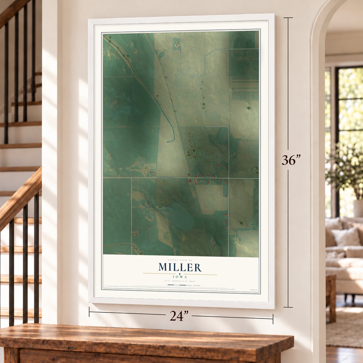 Miller, Iowa map, 24 x 36 inch print in a white frame by a staircase