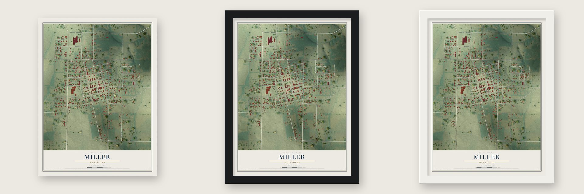 Miller, Missouri map unframed, in a black wood frame and in a white wood frame