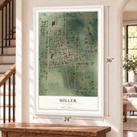 Miller, Missouri map, 24 x 36 inch print in a white frame by a staircase